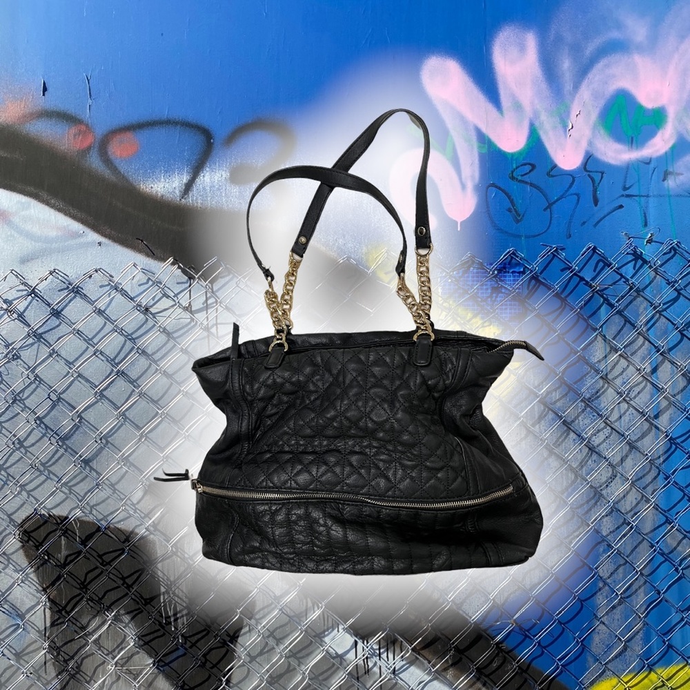 B. MAKOWSKY Black Leather Shoulder Tote Purse Bag with Gold Zippers Chain Straps